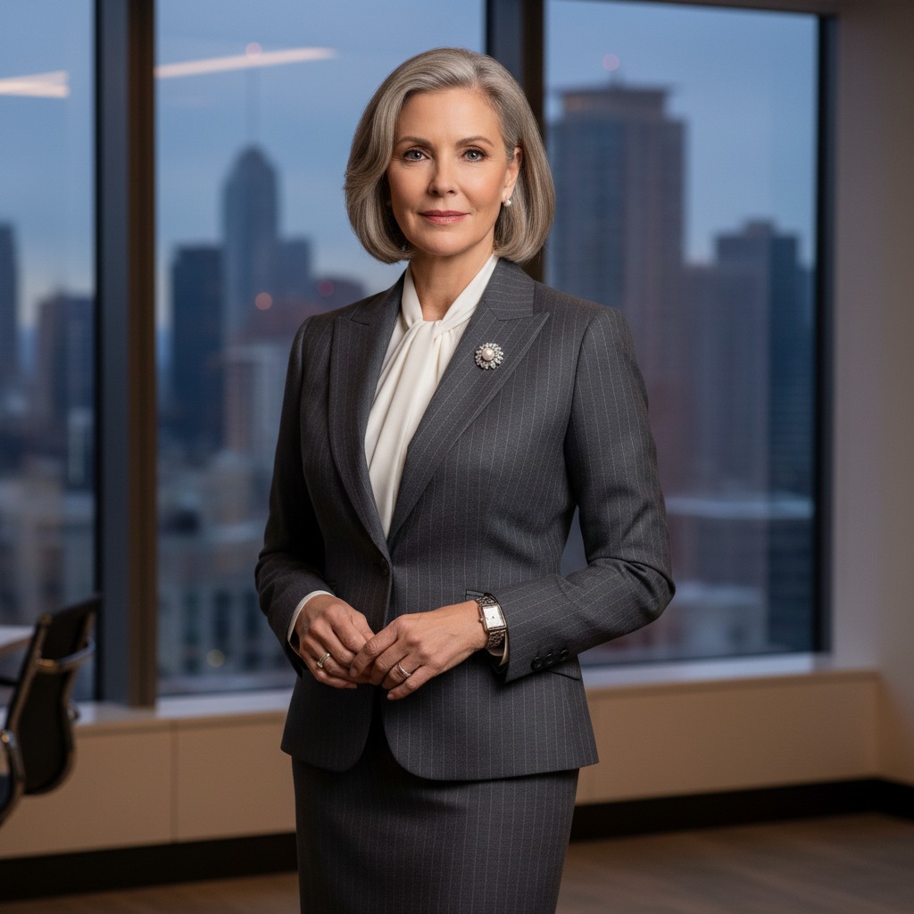 A professional woman with gray hair wearing a gray pinstripe suit and white blouse stands in an office with a city skyline visible through the window behind her.